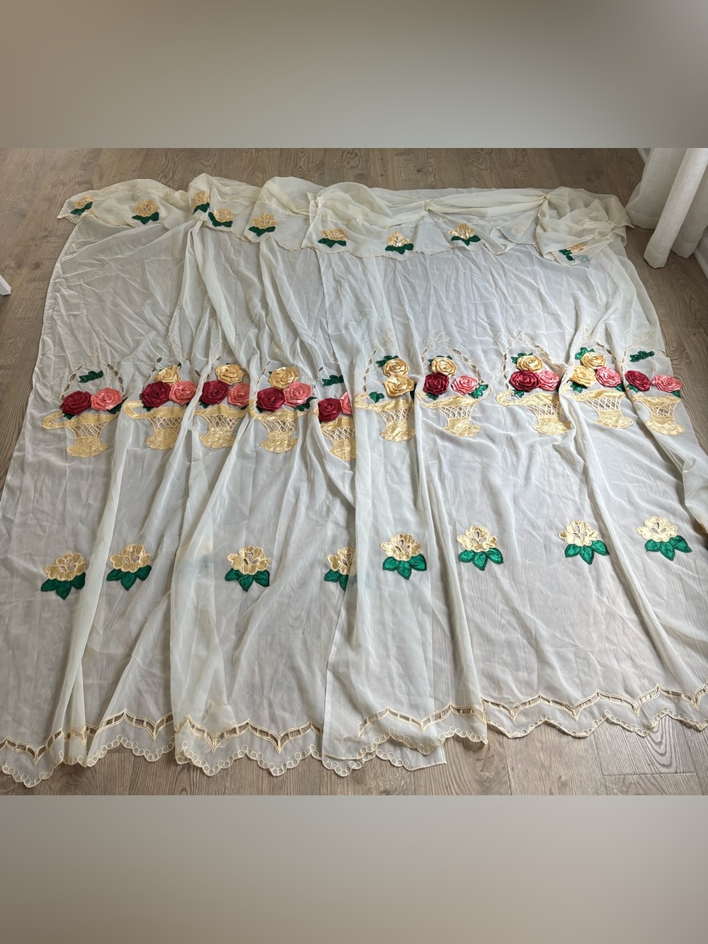 Vintage RARE Sheer Curtains 3D satin flowers in baskets scalloped edges